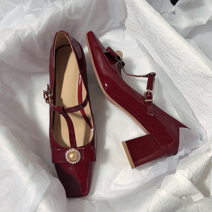 Senyu Haixiang 2023 new leather high-heeled thong shoes retro sweet single shoes bow French wedding shoes women