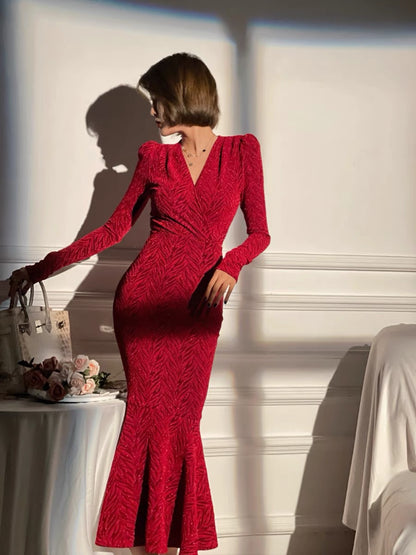 XULU's original high-elastic bright silk jacquard waist is thin and wraps the hips, light luxury, elegant temperament, goddess fan, long-sleeved fishtail skirt 1185
