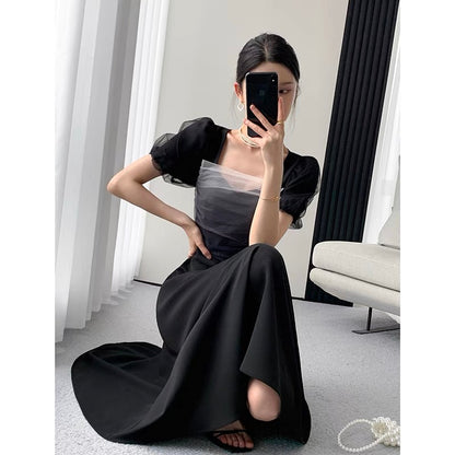 Guoge custom black dress women's 2022 summer new square collar French temperament slim Hepburn dress