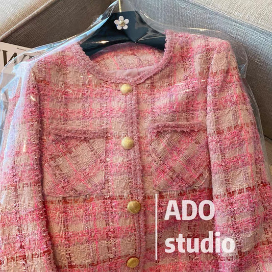 French ladies pink small fragrance coat women's 2022 autumn new slim fit tweed short top