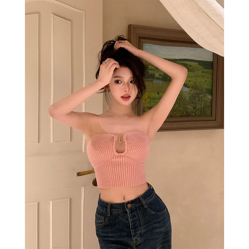 Pink beautiful back hollow tube top knitted small vest female summer  outerwear hot girl wrapped chest sexy short inner top