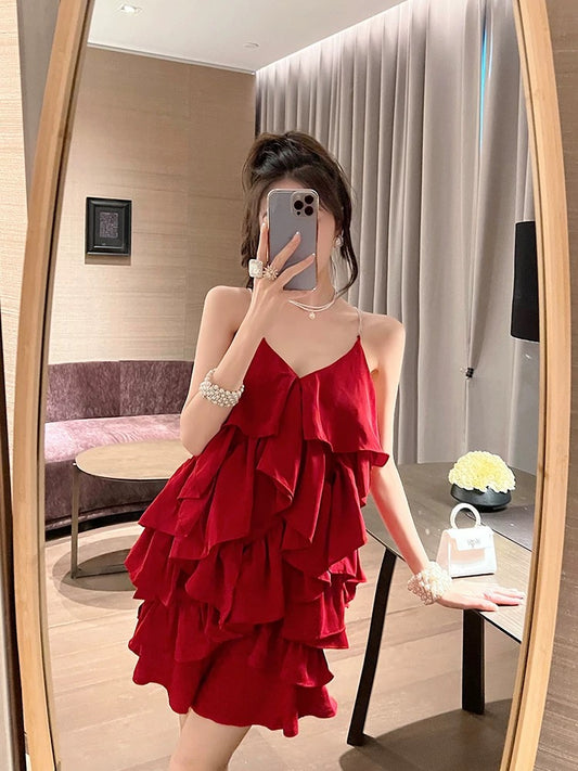 BETTER LS pure desire style v-neck suspender dress niche design layered chic unique stunning short skirt