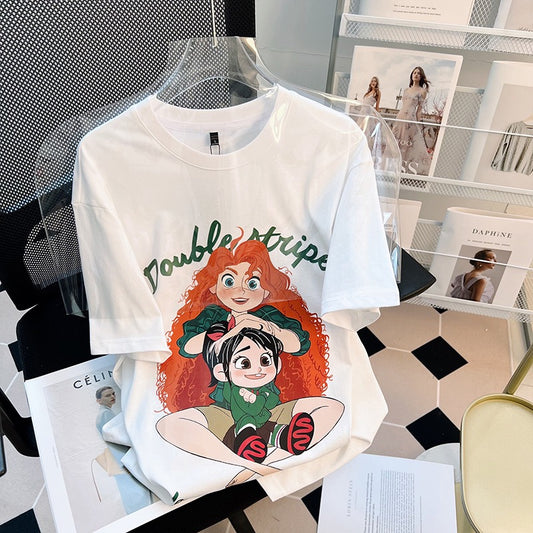 White t-shirt women's short-sleeved summer design sense niche loose cotton cute cartoon printed half-sleeved top ins tide
