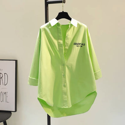 Fruit green letter embroidery mid-length cotton and linen shirt women 2023 spring candy color BF wind shirt sun protection cardigan