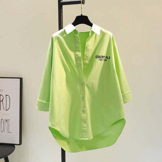 Fruit green letter embroidery mid-length cotton and linen shirt women 2023 spring candy color BF wind shirt sun protection cardigan