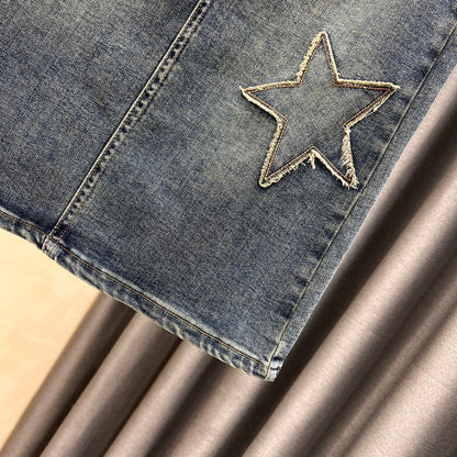 Retro denim skirt women's mid-length spring and summer new slimming and thin star slit high waist a-line bag hip skirt