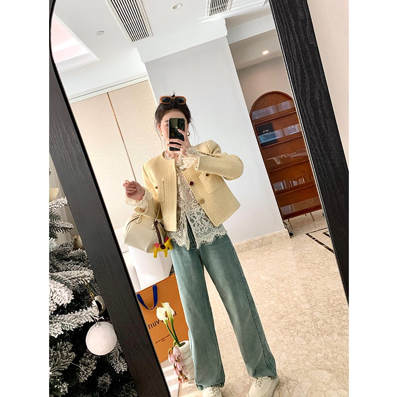 MUKOK French lace shirt women's 2023 spring new foreign style V-neck temperament slimming inner bottoming shirt