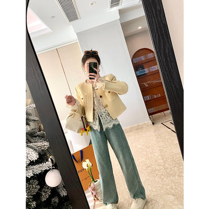 MUKOK French lace shirt women's 2023 spring new foreign style V-neck temperament slimming inner bottoming shirt