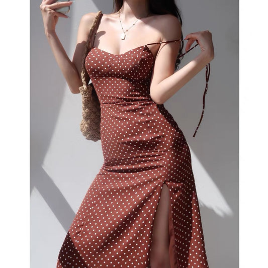 French retro polka dot sexy side slit straps suspender skirt women's waist is thin over the knee long skirt holiday dress