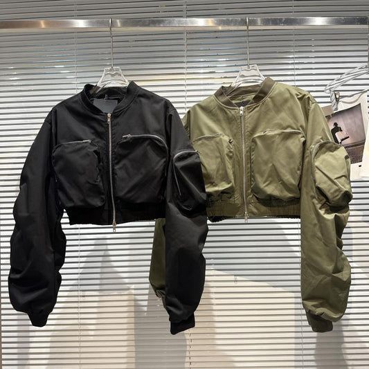 Net red same style 2023 spring new niche style double pocket design pocket sleeve edge short coat flight jacket female tide