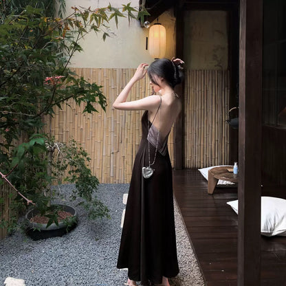 Middletone | Wabi-Sabi Skirt~Cool and minimalist brown halter dress with satin dress for women