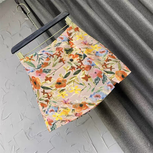 1111Korean version of women's 2022 summer dress new slim fit and slim Western-style printed chiffon shirt and skirt A-line high-waisted skirt