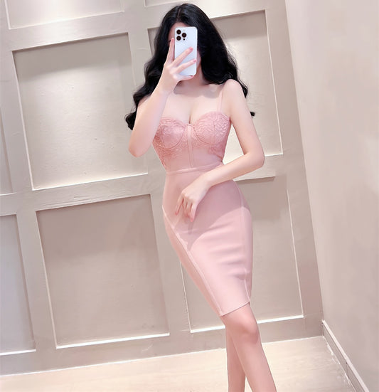 Sexy Lace Sling Net Red Soft Pink Slim Dress