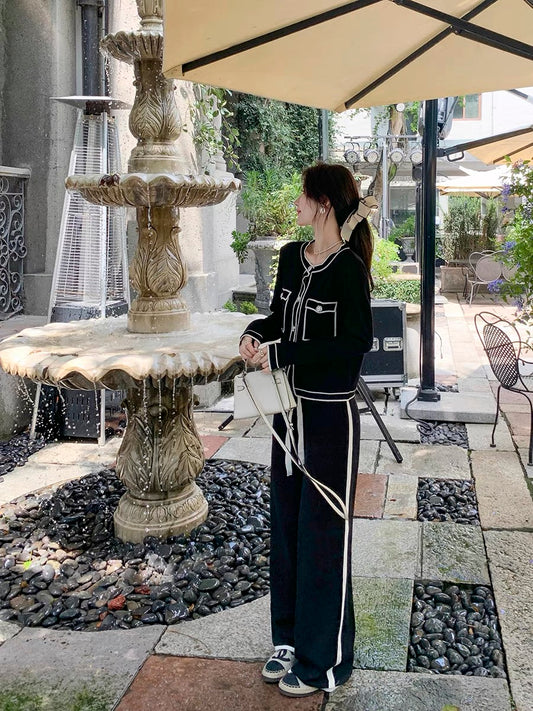 Guoguojia black casual fashion suit female straight pants wide leg pants short cardigan jacket two-piece set 55