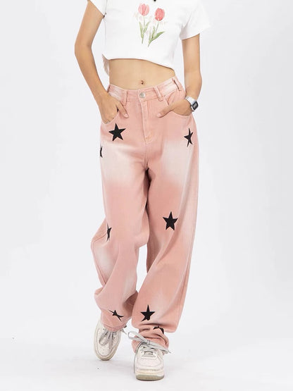 YOUNG K American retro star jeans pink distressed washed street style loose straight casual trousers