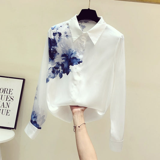 Heavy high-end printed acetate satin shirt women's long-sleeved 2022 early autumn new design sense niche fashion top