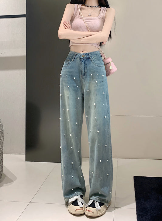 Retro heavy industry pearl straight jeans women's summer narrow version all-match design sense niche wide-leg pants trousers