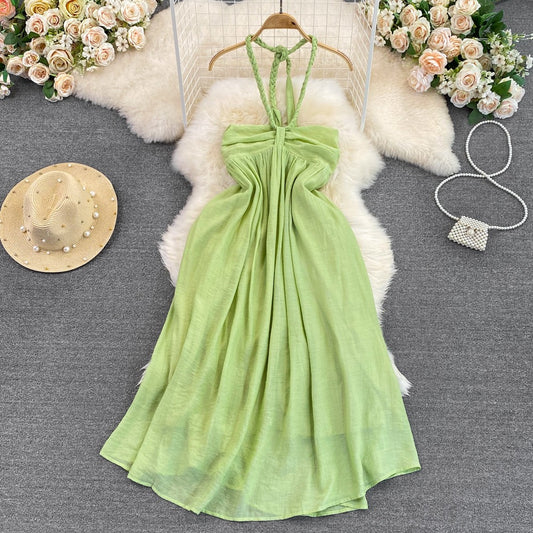 Fashion pure desire style tube top hanging neck strapless waist slimming green a-line dress female seaside holiday beach skirt