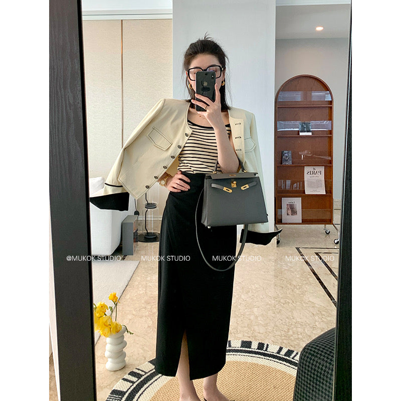 MUKOK early spring standard ~ white denim jacket female 2023 new round neck color contrast design short jacket