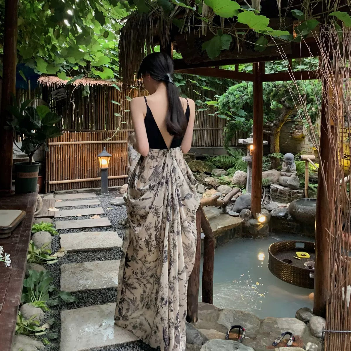 Middletone | Landscape Skirt~ Cool V-neck backless dress ink new Chinese style suspender dress for women