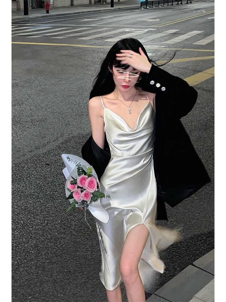 Aunt Barbie satin suspender dress spring women's 2023 new swing collar sexy hot girl slit bag hip dress