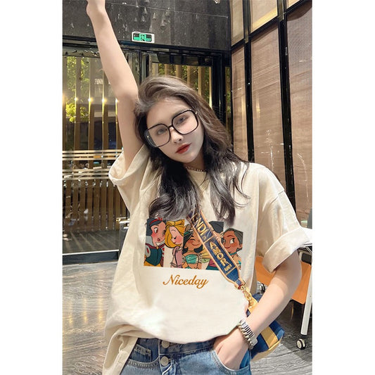 Apricot T-shirt women's short-sleeved summer design sense niche loose cotton fun cartoon print all-match foreign style top