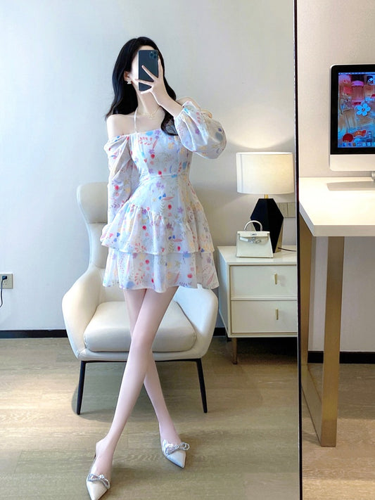 Floral Dress Women 2023 Spring and Autumn New French Style Slimming Waist Slim Temperament Sweet Long-sleeved Square Neck Cake Dress