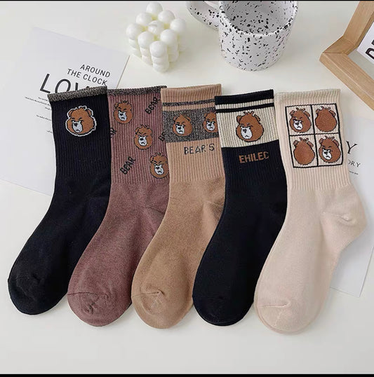 Socks women's ins tide all-match high-value fried street coffee series cotton mid-length women's socks bright silk bear new autumn and winter