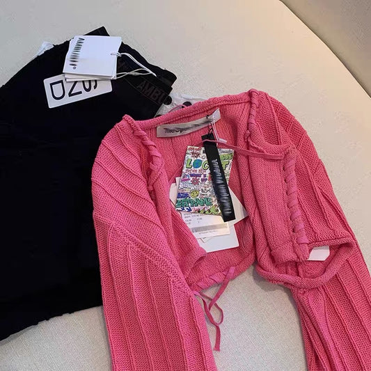 Good morning Fan Fan handmade rope knitted cardigan women's French outer waistcoat ins tide long-sleeved blouse jacket top 1484
