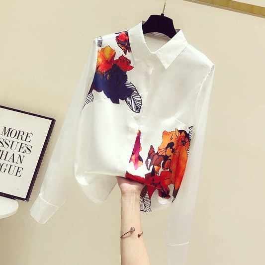 Design sense niche hit color floral foreign style satin silk shirt silk long-sleeved women's fashion mulberry silk tops