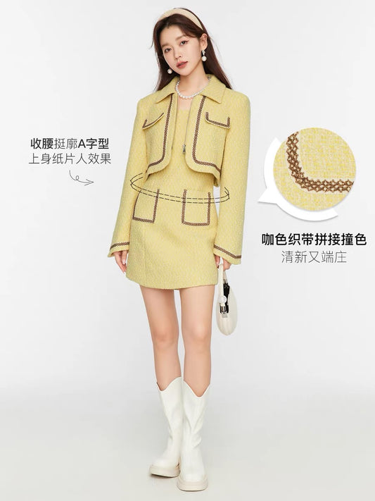 Fantu light luxury color contrast short coat + A-line suspender skirt suit 2022 autumn new style woolen women's clothing that covers the flesh and shows thinness