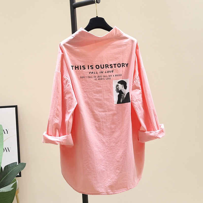 Pink mid-length cotton shirt women 2023 spring new Korean version Korean design sense shirt chic top coat
