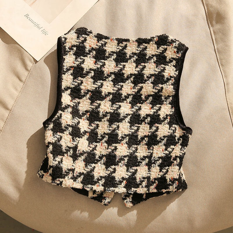 Small fragrant wind vest 2022 new houndstooth vest shoulder vest women wear shirts layered outside with sleeveless V-neck tops