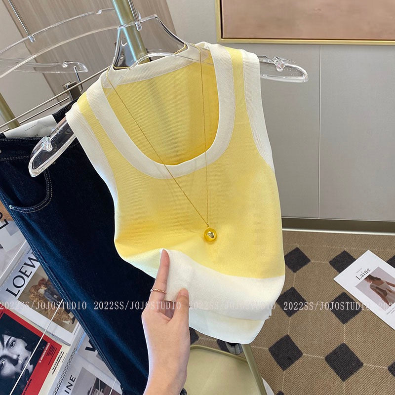 Chic halter top 2023 new ins girls sleeveless pink knitted vest for women's summer