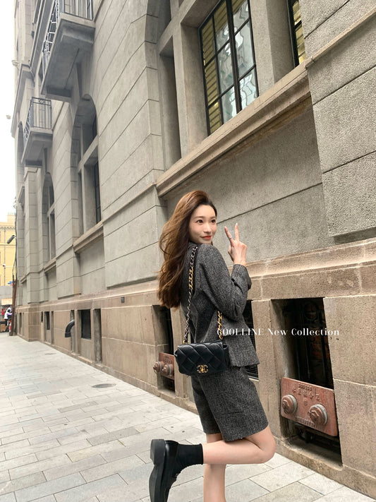 COOLLINE Lin Zixi private school flower 2.0 Paris gray double-breasted suit jacket pleated skirt suit