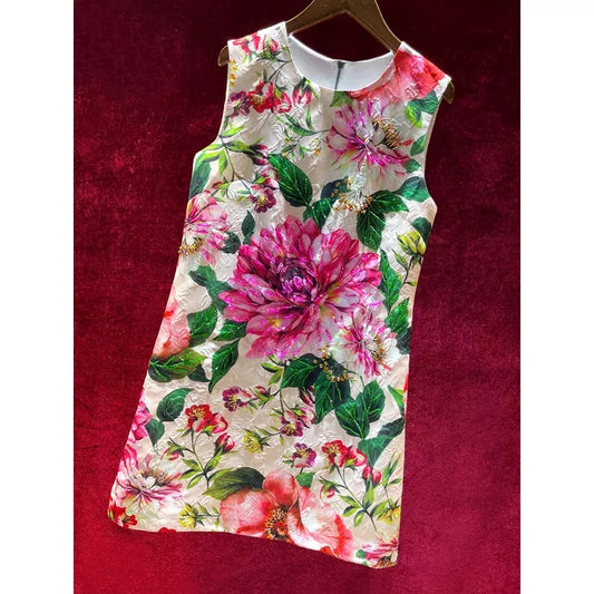 Retro printing heavy industry nail beads luxury show thin Tibetan meat temperament high-end sleeveless fried street dress summer 2022 new
