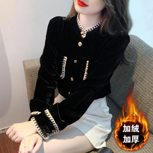 French style small fragrance high-end black velvet shirt women's 2023 new autumn and winter plus velvet thick temperament top
