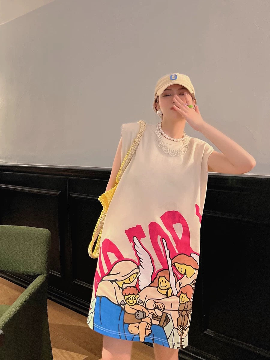 Thebestxue European and American simple beige shoulder pad design print dress 2022 summer new loose mid-skirt