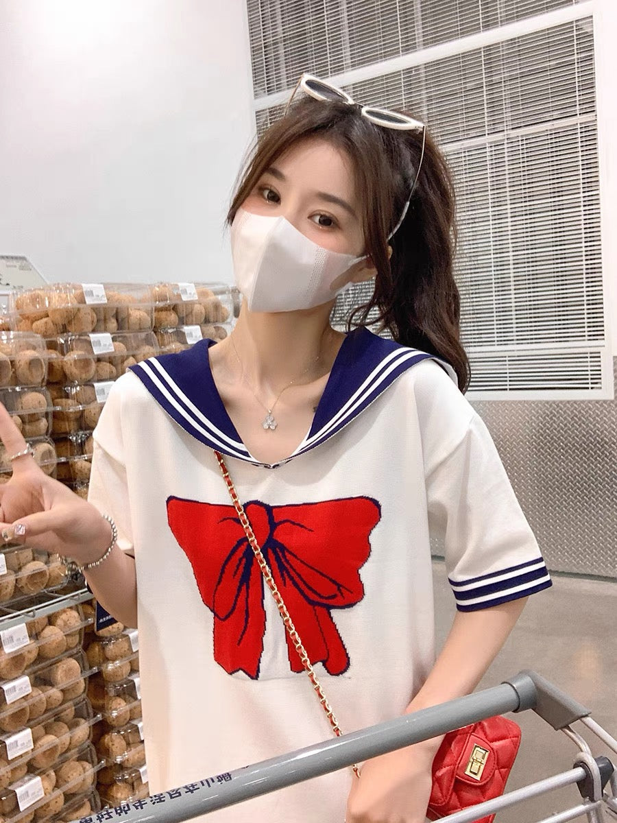 GUOGUOWOMEN navy collar dress women's summer loose and thin bow print casual skirt 1192