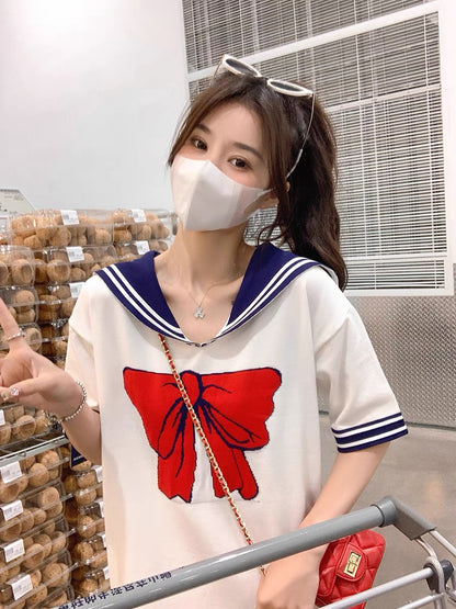 GUOGUOWOMEN navy collar dress women's summer loose and thin bow print casual skirt 1192