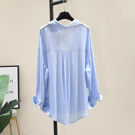 Blue drape Tencel cotton shirt women's 2022 early summer Korean version loose casual thin shirt long-sleeved sunscreen top