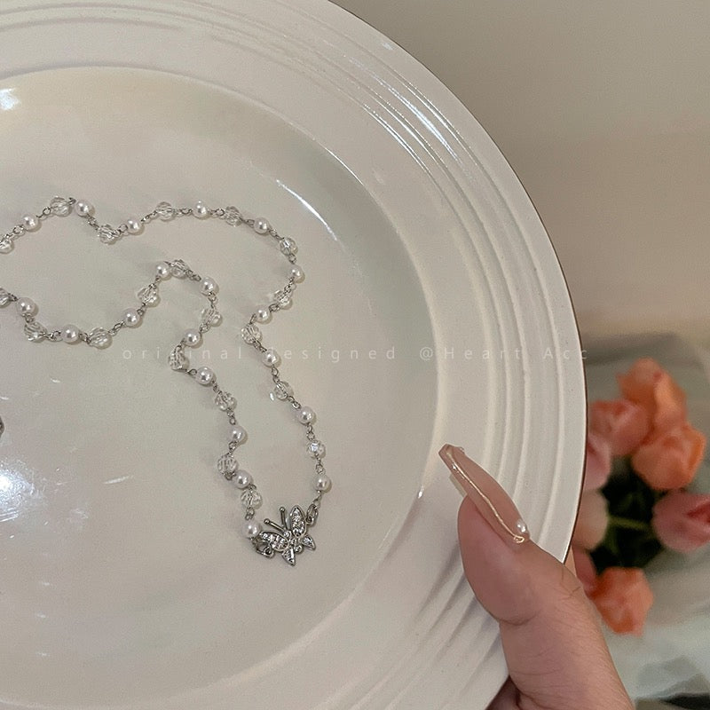 Pearl crystal butterfly necklace women's summer light luxury niche design sense advanced clavicle chain choker neck necklace necklace
