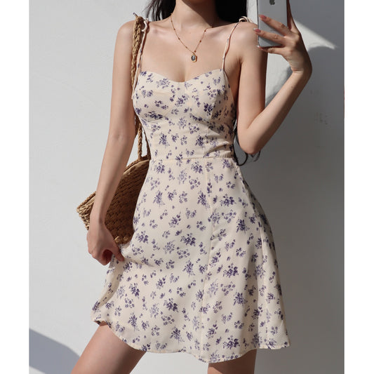 French retro girl fresh floral suspender skirt slim fit strappy short skirt holiday wind dress A-line skirt