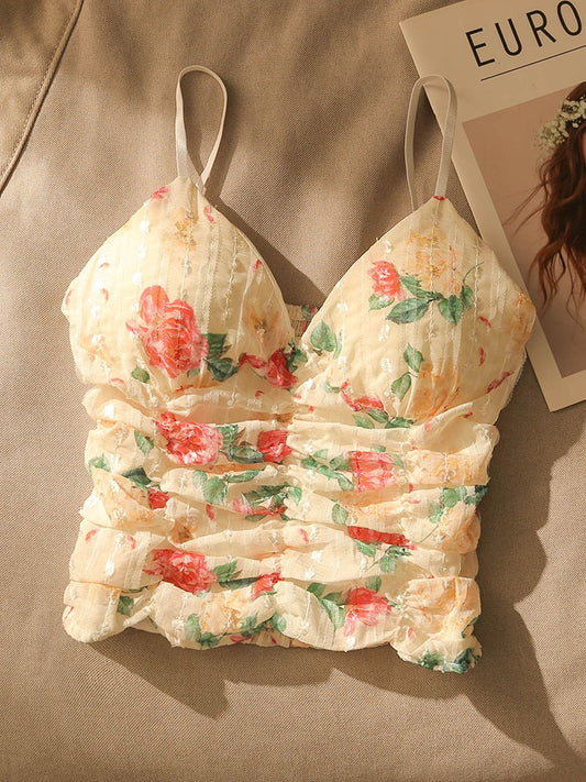 French Floral Camisole Women's Inner Wear Outer Wear Sexy Spice Girls Slim Fit With Chest Pad Bottom Short Sleeveless Top