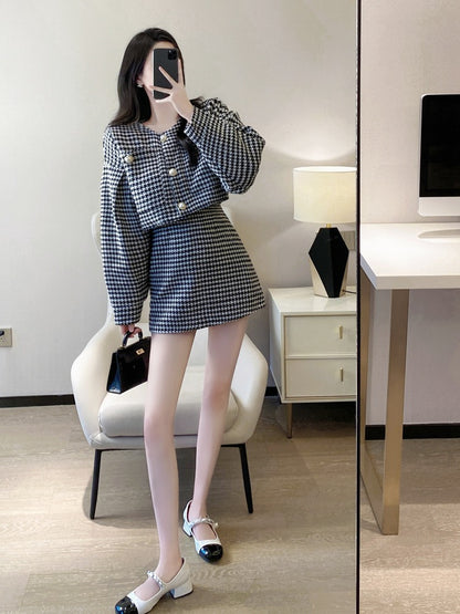 Korean drama Xiaoxiangfeng suit 2023 autumn and winter new temperament celebrity retro houndstooth short bag hip skirt two-piece set