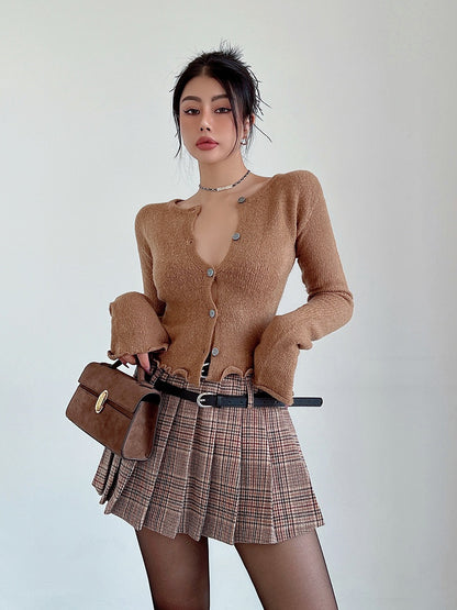 liviahome American retro college style woolen pleated skirt skirt women's winter high waist slim skirt