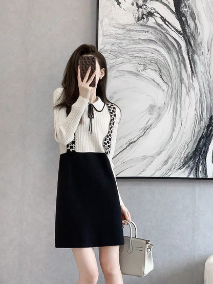 Autumn and winter high-end black knitted dress 2022 new women's French high-end fake two-piece small skirt
