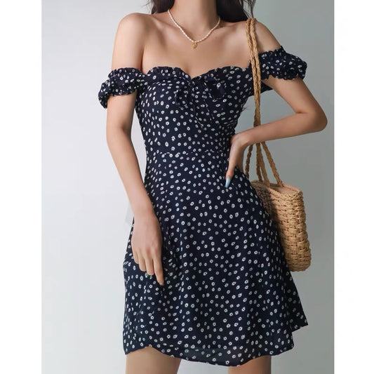French retro sexy one-shoulder waist slim dress female Xia Tibetan blue floral slim A-line skirt short skirt