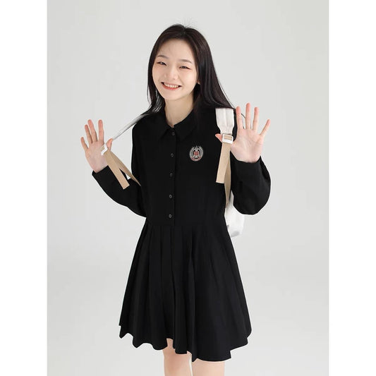 DESSUU college style long-sleeved dress female 2023 spring new pleated lapel waist slimming shirt skirt