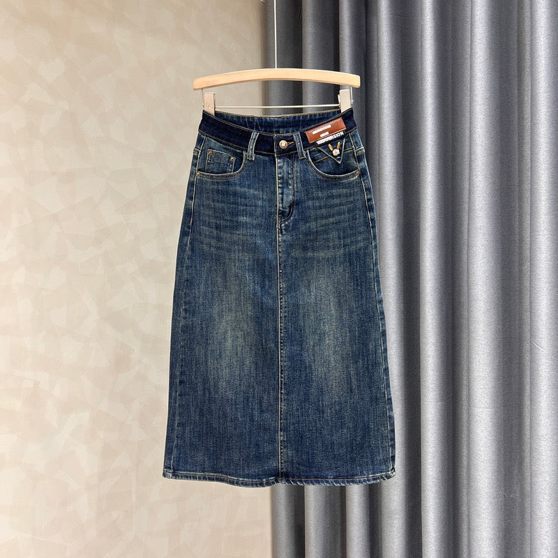 Contrasting color high waist denim skirt women's autumn new style thin all-match rear slit retro high waist bag hip long skirt